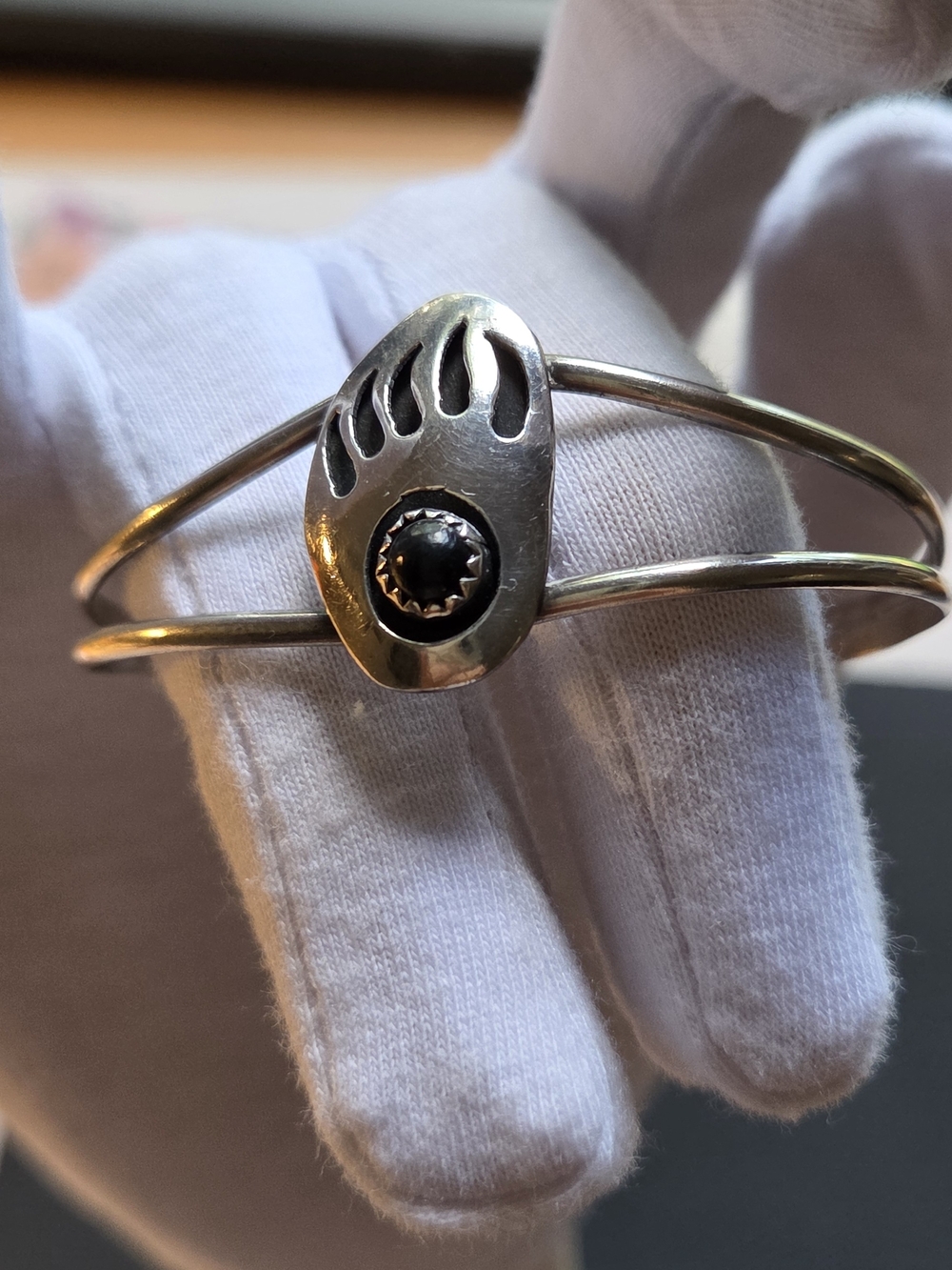 Navajo Sterling Silver Onyx Stone Bear Paw Cuff Bracelet